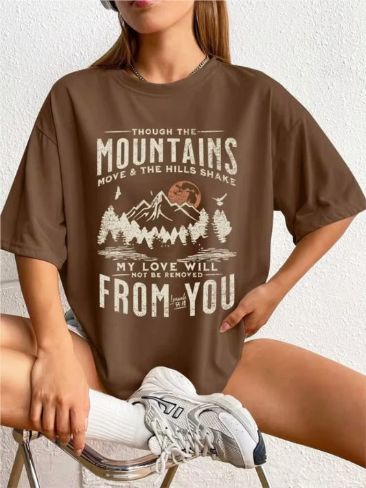 Spring Woman Cotton T-Shirts Mountains Setting Sun Printed Short Sleeve Tees Fashion Female Clothes Comfortable Soft Street Tops.