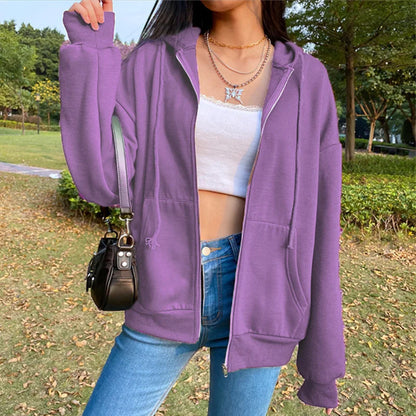 Herbst Fleece Hoodie Einfarbig Mit Kapuze Koreanische Mode Sweatshirts Langarm Top Kordelzug Taschen Lose Zipper Schwarz Hoodies