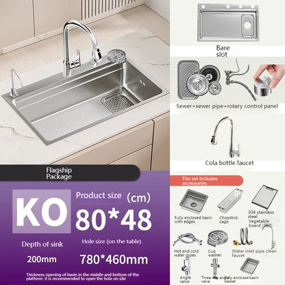 304 stainless steel Undermount Kitchen Sink Embossed Silver Large Single Bowl with Accessories Thickened Sinks