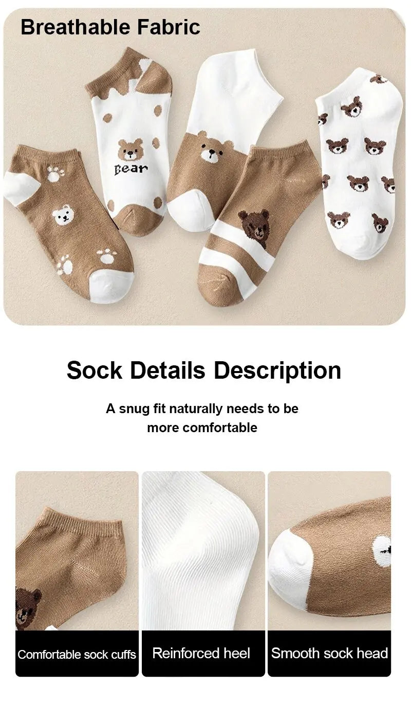 5 Pairs Women Cartoon Patterned Socks Trendy Versatile Breathable Sweat Wicking Deodorizing Antibacterial Comfortable Socks.