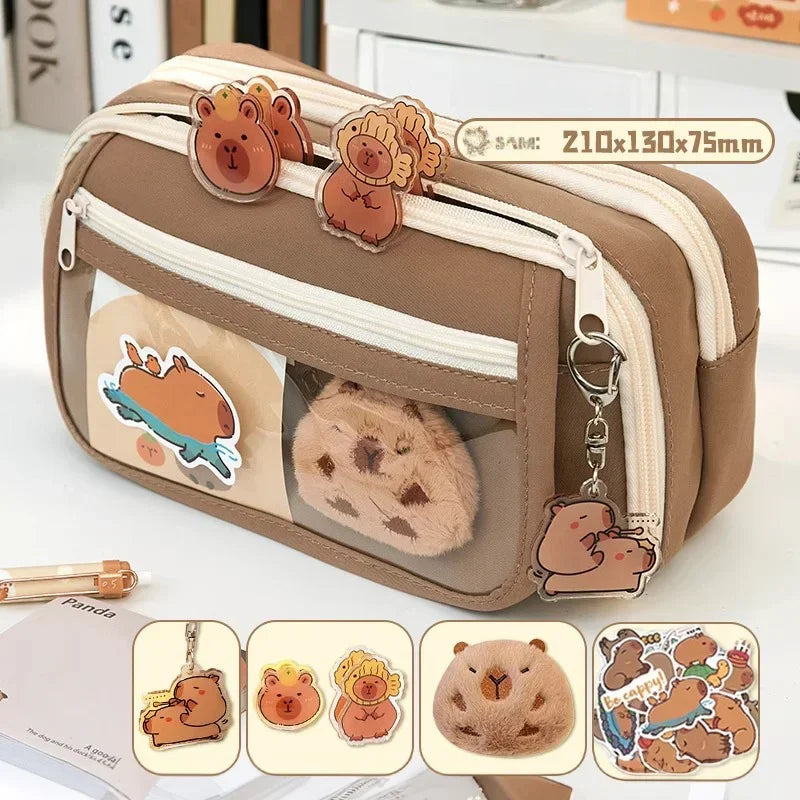 Große Kapazität Bleistift Tasche Capybara Cartoon Leinwand Schreibwaren Halter Tasche Mit Broschen Aufkleber Clips Schlüsselanhänger Kinder Stift Fall.