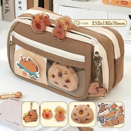 Große Kapazität Bleistift Tasche Capybara Cartoon Leinwand Schreibwaren Halter Tasche Mit Broschen Aufkleber Clips Schlüsselanhänger Kinder Stift Fall.