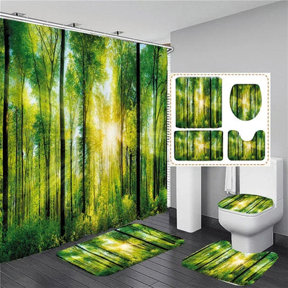 Wasserdichtes Duschvorhang-Set mit sonniger Waldlandschaft, wasserdichter Badezimmer-Toilettensitzbezug, Badewanne, rutschfeste Matte, Teppich, Baddekoration
