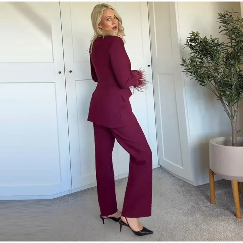 Straße frauen Feder Anzug Blazer Hosen Set Revers Schulter Pads Volle Hülse Jacken Taschen Gerade Hose 2025, Herbst dame Anzug