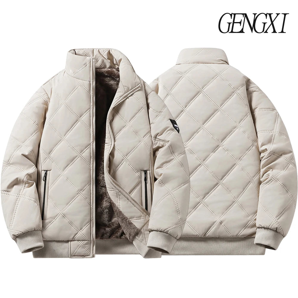 New Windproof Thermal Diamond-Quilted Cotton Jacket Winter Men's Fleece-Lined Thickened Cuff Design Stand-Up Collar Jacket.