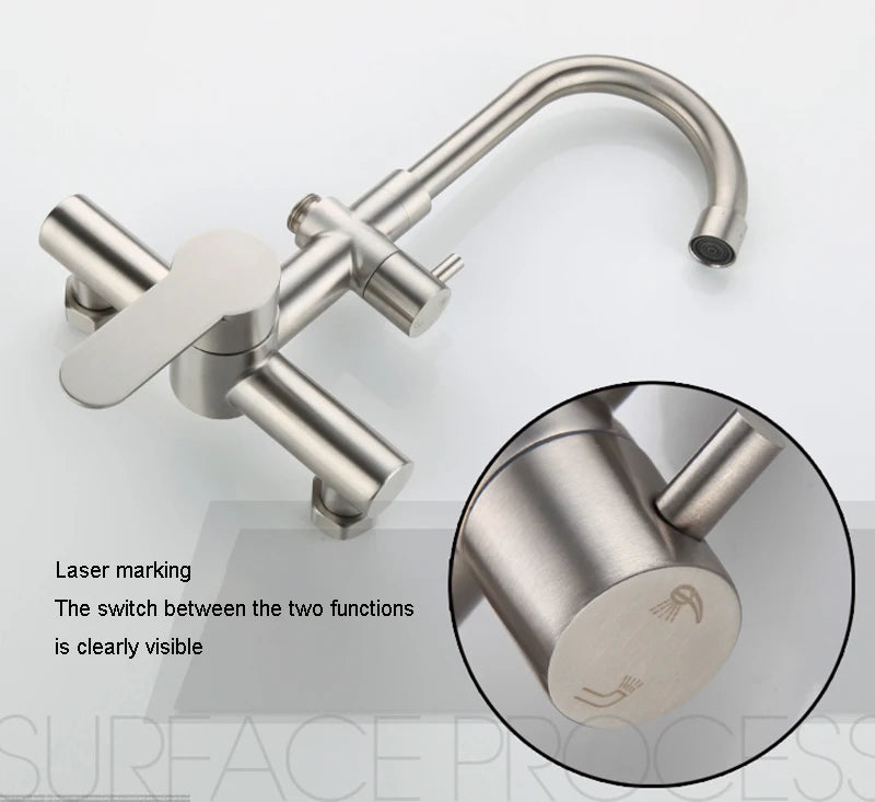 Kitchen Faucet Stainless Steel Double Hole Hot and Cold Mixing Tap Wall Mount Balcony Laundry Swivel Tap With Spray Gun 주방수전
