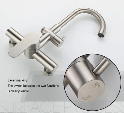 Kitchen Faucet Stainless Steel Double Hole Hot and Cold Mixing Tap Wall Mount Balcony Laundry Swivel Tap With Spray Gun 주방수전