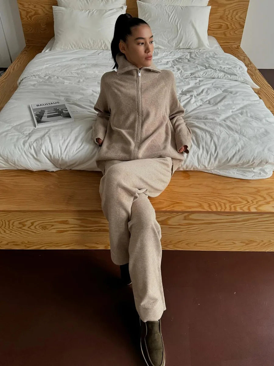 Tornova Zipper Strickjacke Pullover Anzug Weibliche Gestrickte Langarm Casual Mantel Breitbeinig Hosen Pullover frauen Zwei Stück Set