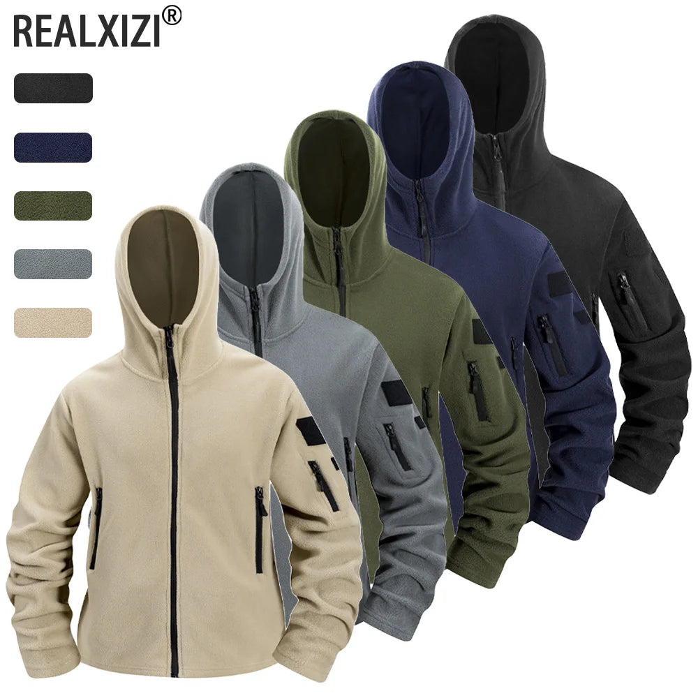 Autumn Winter Polar Fleece Warm Hooded Jacket Mens Full-Zip Up Windproof Hooded Coat Outdoor Loose Casual Fleece Sweatshirt.