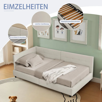 Modernes Einzelbett 90*200 cm, hautfreundliches Samtdesign, Babybett mit hoher Rückenlehne, Beige und Dunkelgrau (ohne Matratze)
