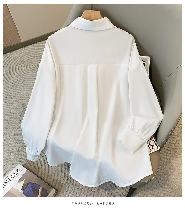 Plus Size Women's Blouses 2025 Spring Autumn Simple Lady Shirts Long Sleeve Big Pockets Shirt Loose Casual Tops