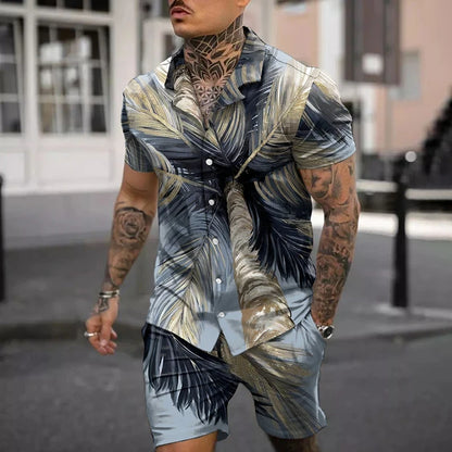 Fashion Men Sets Print Lapel 3D Print Short Sleeve Casual Hawaiian Shirt Beach Shorts 2 Pcs Set Vacation Hawaiian Man Suits.