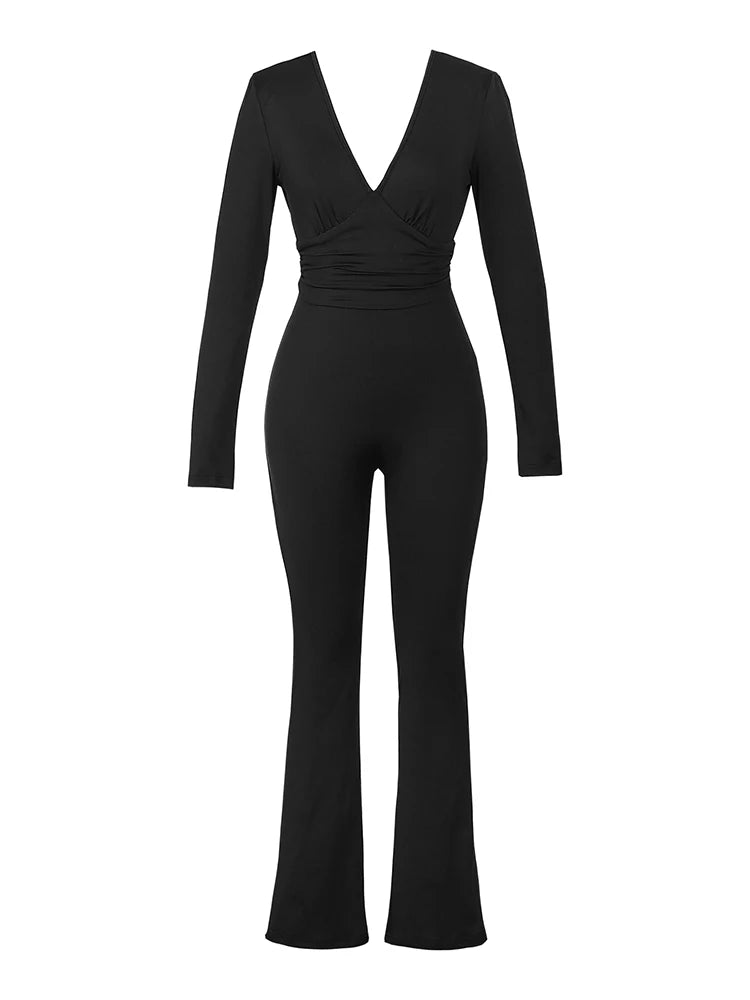 Schwarz Plissee Big Flare Overall Langarm V-ausschnitt Dünne Overall Hosen Frauen Sexy Schlanke Rückenfreie Langarm Hosen