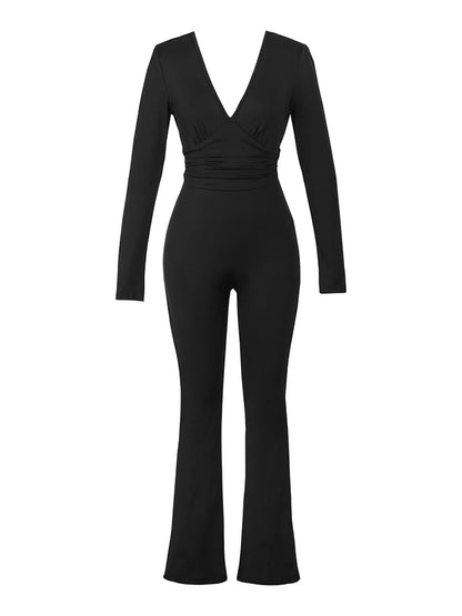 Schwarz Plissee Big Flare Overall Langarm V-ausschnitt Dünne Overall Hosen Frauen Sexy Schlanke Rückenfreie Langarm Hosen