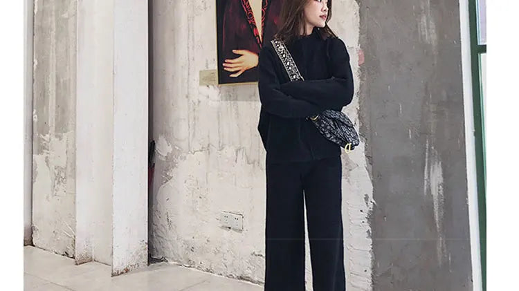 Loribindwood Gestrickte Pullover Breite Bein Hosen Anzug für Frauen Herbst/winter 2022, Neue Koreanische Lose Mode Zwei-stück Set