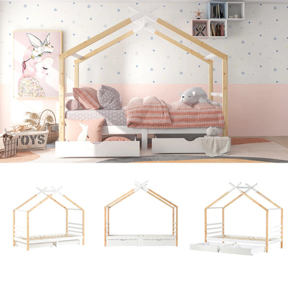 KOMHTOM Kinderbett Hausbett 90x200 cm, Massivholz Kiefernholz mit Schubladen und Lattenrost