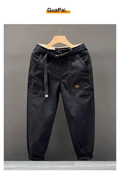 Autumn Summer Wide Leg Cotton Work Trousers Men's Cone Straight Loose Wear Resistant Pocket Pants Retro Wash Casual Workwear.