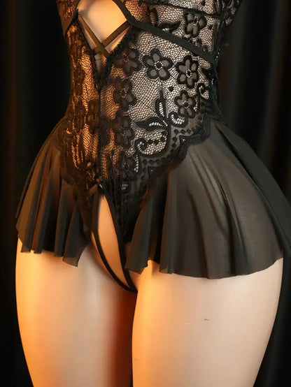 Sexy Lace Deep V Backless Underwear Hollow Out Transparent Bodysuit Crotchless Lingerie Teddies Babydoll Night Dress For XXX18.