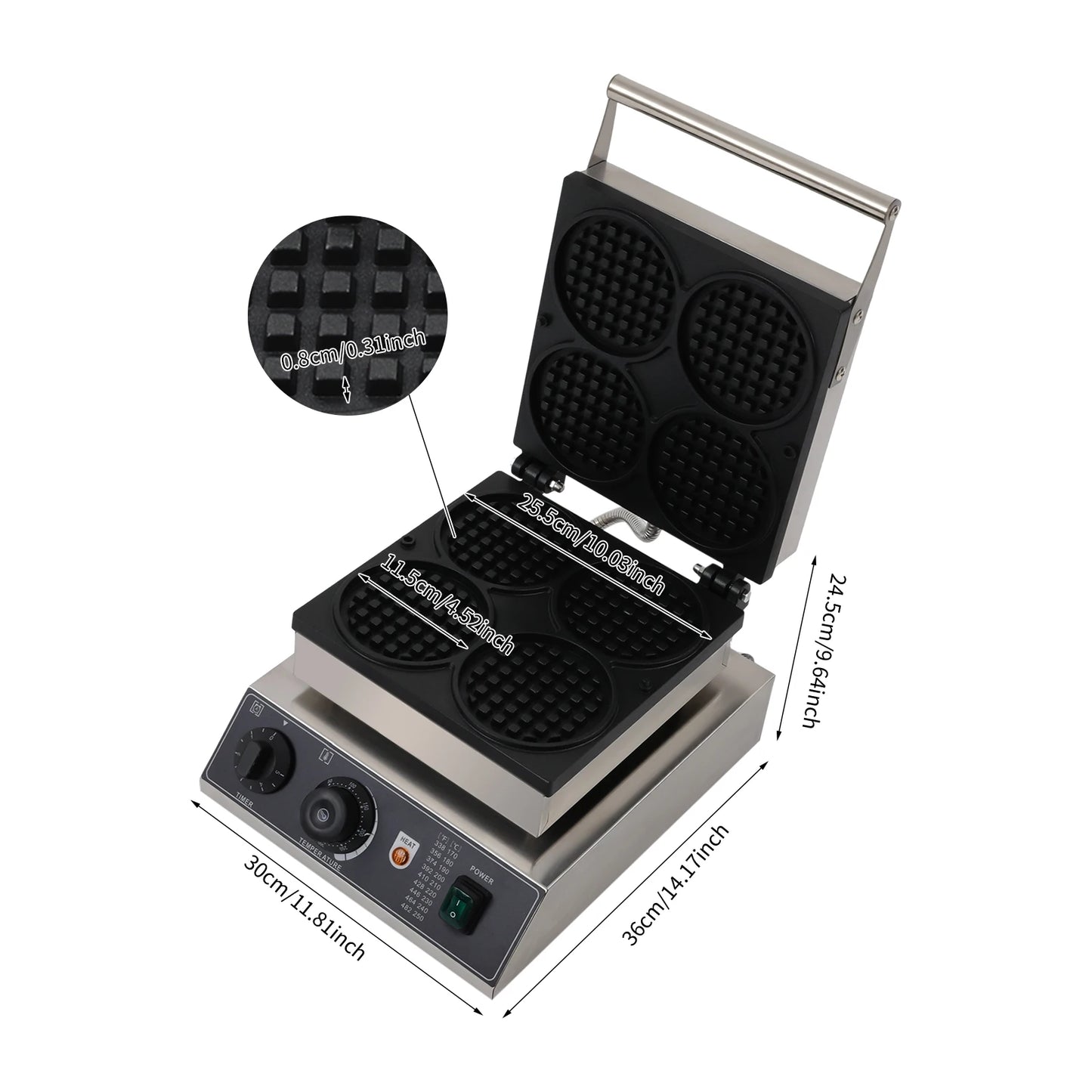 1750W Round Grid Non-Stick Waffle Maker 220V Temperature Adjustable Stainless Steel Waffle Baker Machine for Home Dessert Stores.