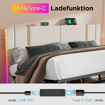 KOMHTOM Doppelbett- USB Type C Ladefunktion, APP-Control LED, Stauraumbettgestell, Leinenmaterial, ohne Matratze