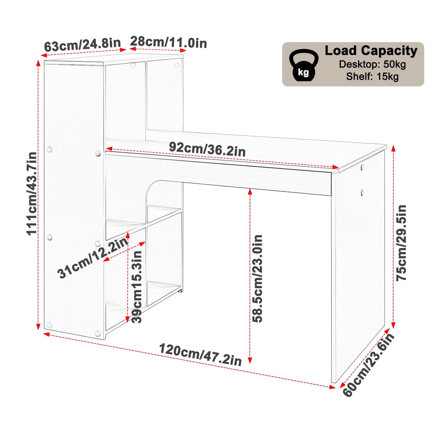 WOLTU Weißer PC-Computertisch aus Holz, Büro-Ecktisch mit Ablagefach, 120 x 63 cm, Arbeitsplatz für Arbeitszimmer, Wohnzimmer, Schlafzimmer
