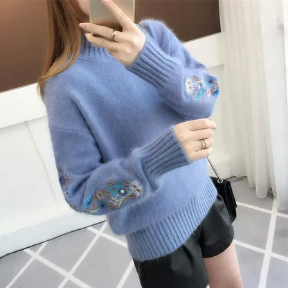 Herbst Winter 2025, neue bestickte Ärmel mit langen Ärmeln, Strickpullover, Damenbekleidung, Vintage-Allgleiches, O-Ausschnitt, lose Pullover