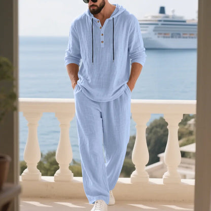 Cross-border Autumn Linen Men's Casual Suit Loose Hooded Henley Shirt Long Sleeve Pants Suit