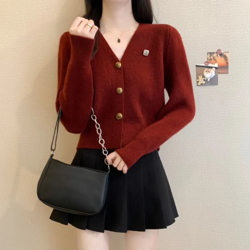 Women Clothes Spring Autumn Fashion Casual Button Solid Color Ladies All-match V-neck Long Sleeve Appear Thin Knitwear Cardigan.