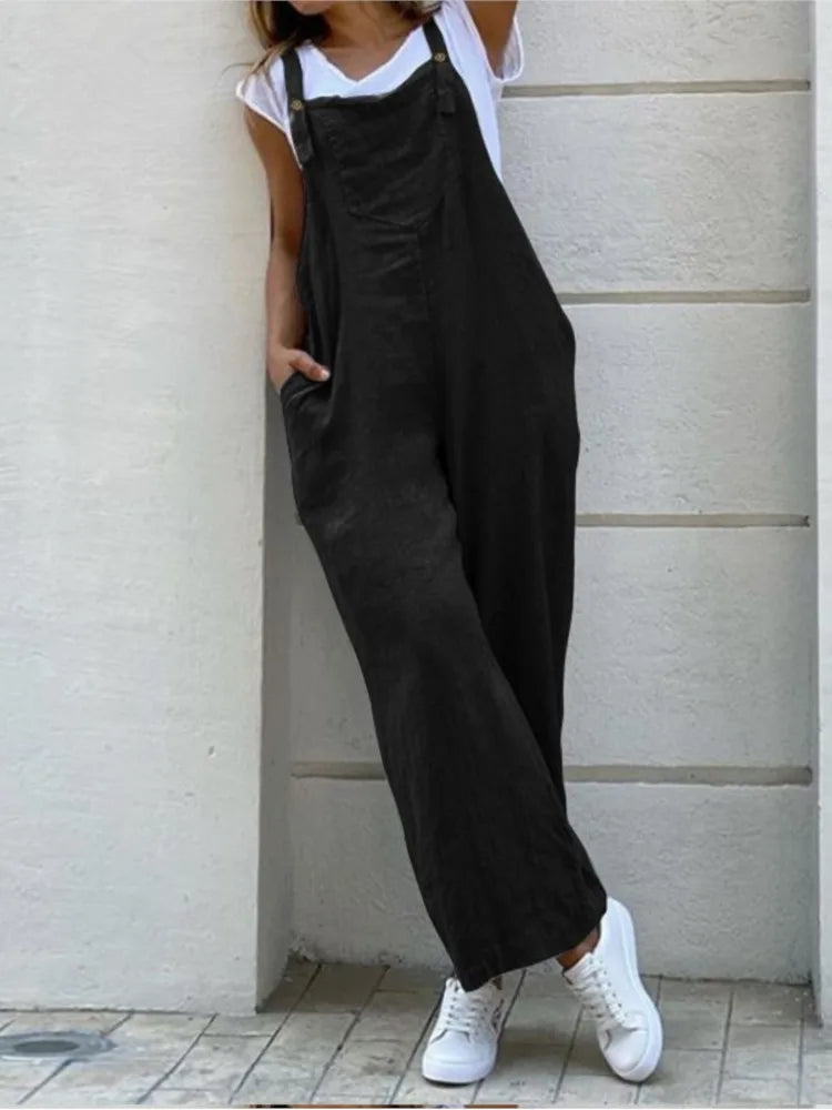 Spring Summer Jumpsuit For Women Solid Color Romper Casual Pant Pockets Button Wide Leg Strap Jumpsuits Loose Rompers Overalls.