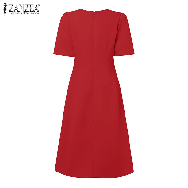 ZANZEA Elegante Büro Frauen Kleider Sommer Stilvolle Solide Party Arbeit Kleid Mode Kurzarm Plissee Vestidos Midi Sommerkleid