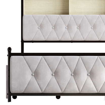 Lazyspace Bettgestell 160 x 200 cm, gepolstertes Bett mit Schubladen und 2 Ladeanschlüssen, Doppelbett mit LED-Kopfteil, ohne Matratze