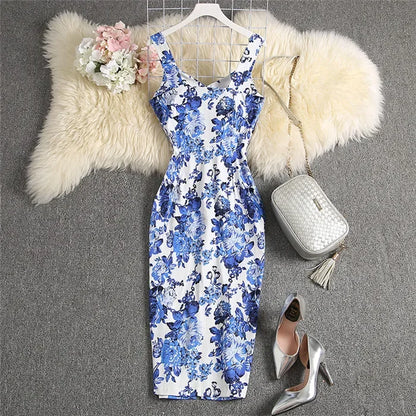 ALPHALMODA-Stretchy Tank-Kleid für Damen, schmales Baumwollkleid, einreihig, Blumendruck, elegant, Sommer, neu