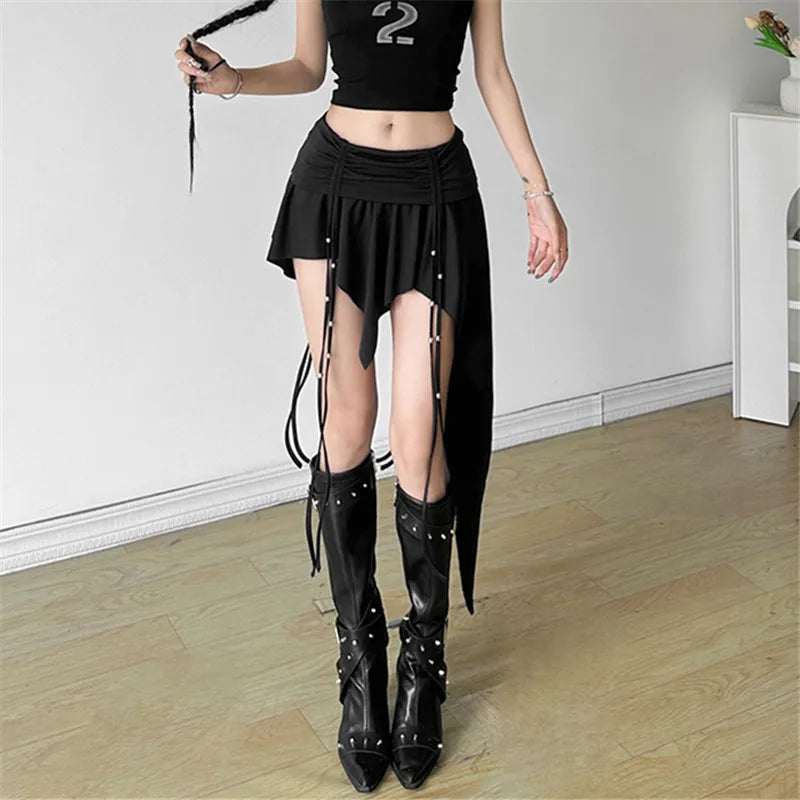 Goth Dark Mall Gothic Dropped Waist Drawstring Mini Skirt Punk Grunge Women Irregular Hem A-line Skirts Chic E-girl Techwear Y2K.