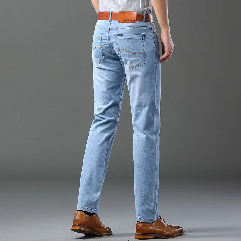 Spring Autumn Business Men Jeans Casual Straight Stretch Fashion Classic Black Sky Blue Grey Work Denim Trousers Brand Clothing.