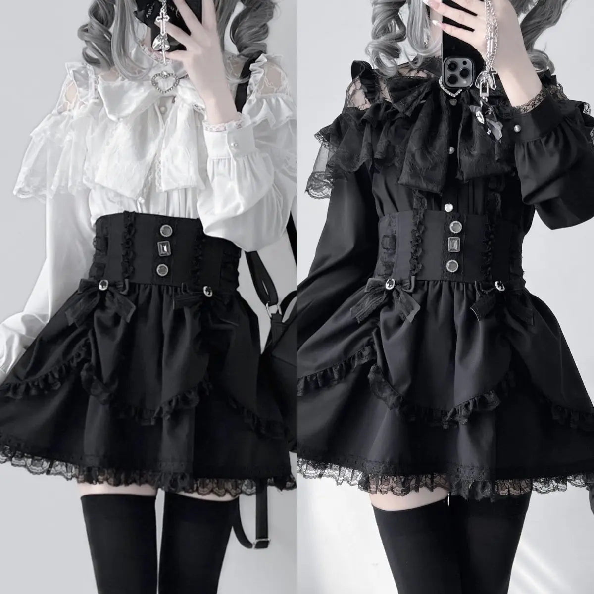 Japanese Mine Lolita Bow Shirt Subcultural Shirts Female Cute Black and White Lace Long-sleeved Short-sleeved Blouse Women.