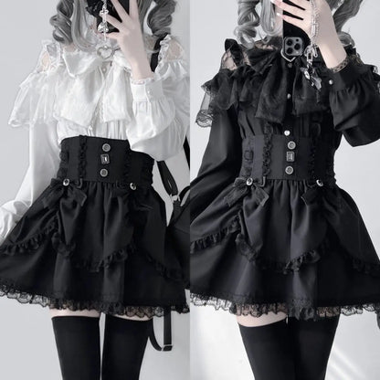 Japanese Mine Lolita Bow Shirt Subcultural Shirts Female Cute Black and White Lace Long-sleeved Short-sleeved Blouse Women.