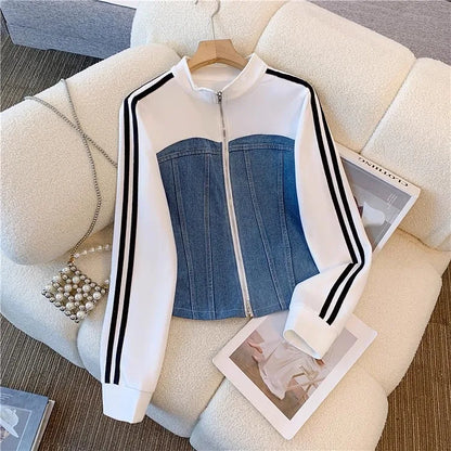 Pant Set Women Two Piece Sets Denim Splice Zipper Matching Sets Casual Coats Wide Leg Long Pants Lace Up Elastic Waist 2025.