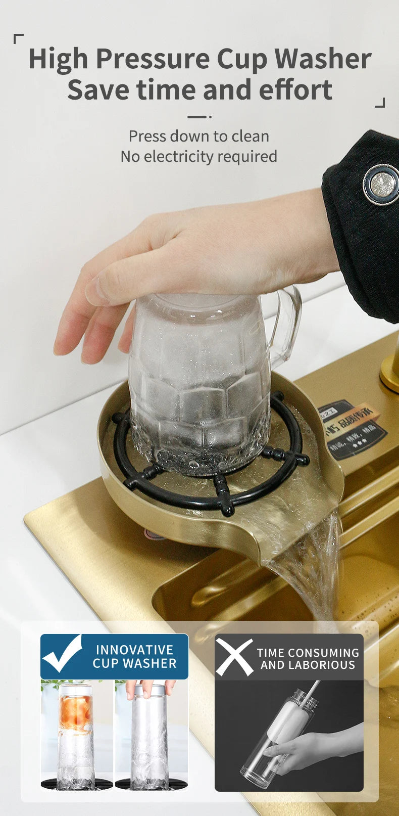 YCRAYS Golden Nano Multifunctional Kitchen Sink 4 Mode Waterfall Faucet Large Single Bowl Soap Dispenser Pure Tap Cup Washer