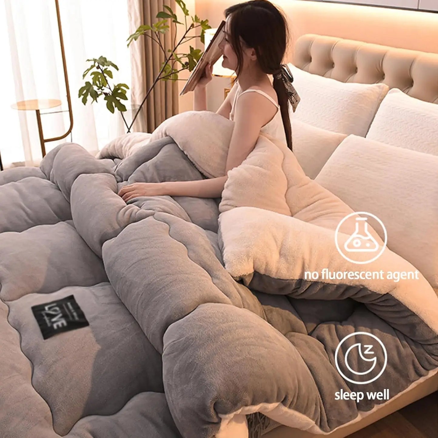 Contemporary Style Reversible Sherpa Fleece Winter Comforter, Soft Breathable Plush Warm Bedding, 100% Polyester Fill & Cover.