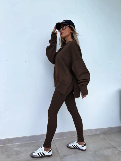 Women Pant Sets Two Pieces Tracksuit Solid Loose Sweatshirts Split Pullover Pencil Pants High Street Autumn Winter 2024