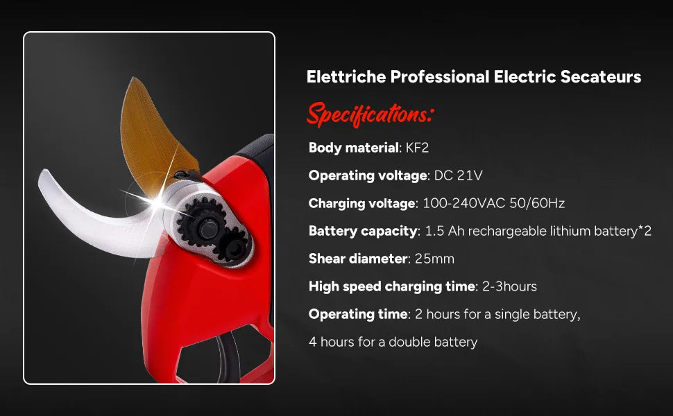 Professionelle Elektrische Gartenschere 25mm 2*1500mAh,2* 21v Lithium-Wiederaufladbar Akku Astschere, Rosenschere