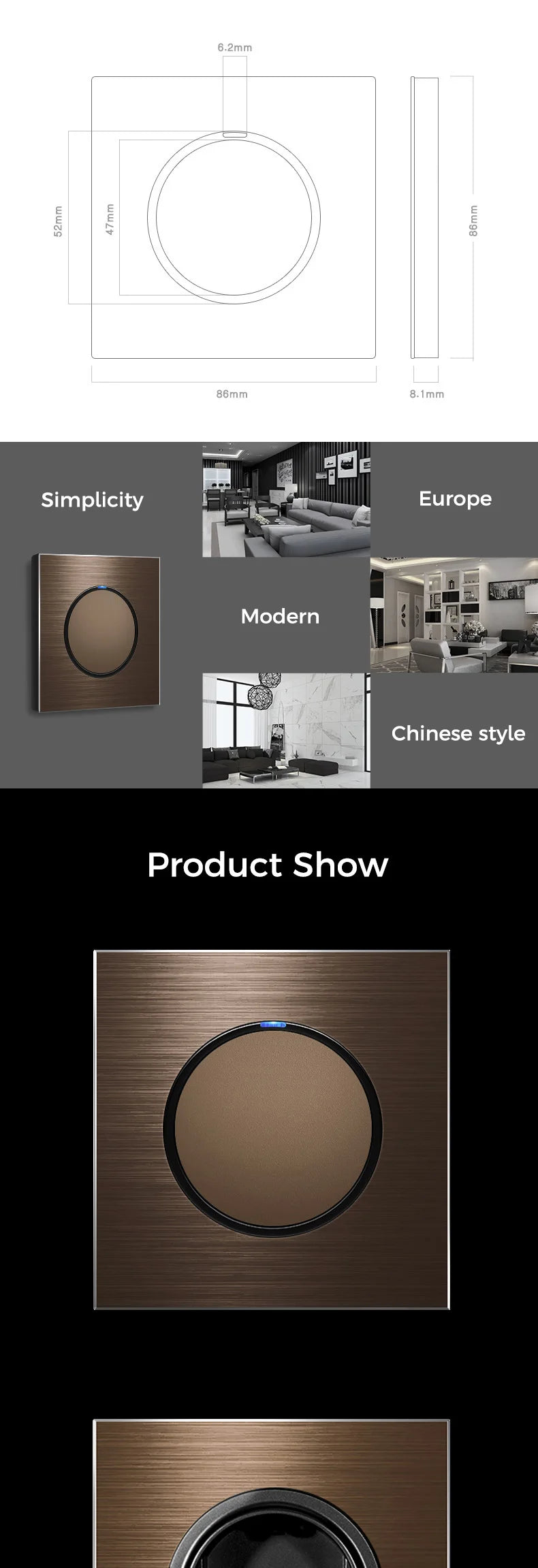 YINKA Schaltersteckdose, Aluminium, gebürstetes braunes Panel mit LED-Anzeige, EU-Steckdose, Schalttafel, elektrischer Lichtschalter, AC110–250 V, NET.