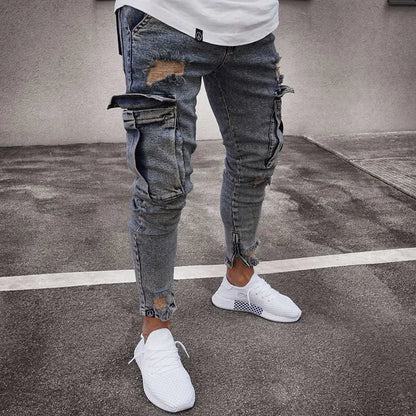 Spring New Hot Sale Stretch Men's Jeans Fashion Trendy Casual Knee Wear-Resistant Comfortable Zipper Feet Skateboard Pants.