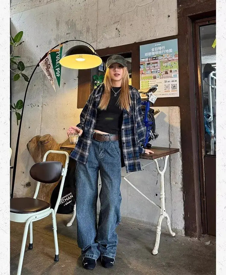 HOUZHOU Vintage Plaid Shirts Women Harajuku Long Sleeve American Style Drawstring Hooded Blouses Loose Casual Streetwear Spring.