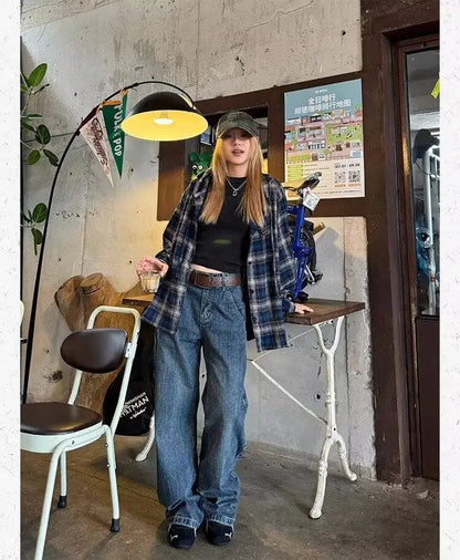 HOUZHOU Vintage Plaid Shirts Women Harajuku Long Sleeve American Style Drawstring Hooded Blouses Loose Casual Streetwear Spring.