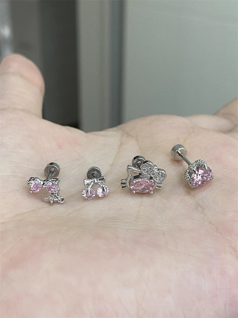 Cute Pink Zircon Cat Stainless Steel Ear Bone Nail Water Droplet Pendant Small Earrings for Women Cochlear Puncture Accessory.