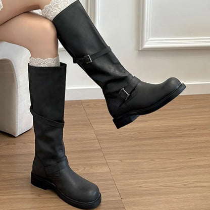 Vintage Belt Buckle Women Knee High Boots Elegant Low Heel Slip On Shoes Autumn Winter Ladies Knight Long Booties.
