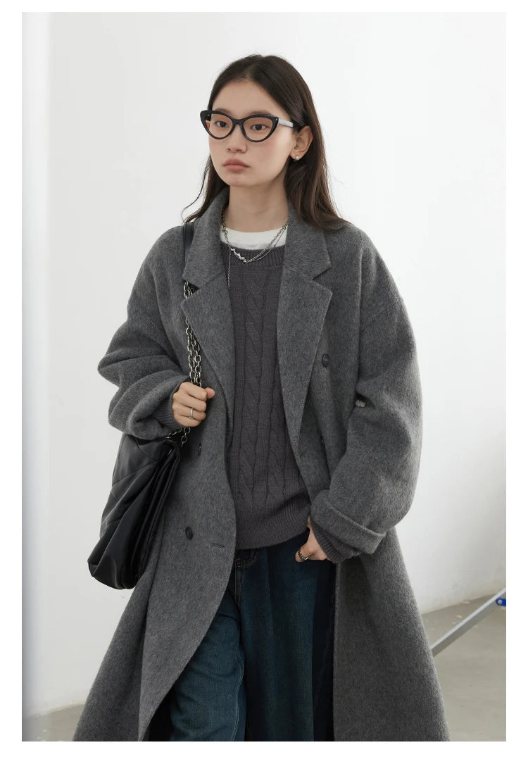 CHIC VEN Frauen Woolen Mantel Zweireiher Grundlegende Lose Beiläufige Retro Neue Lange doppelseitige Weibliche Mantel Herbst Winter 2024
