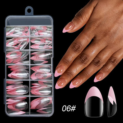 210pcs/box French False Nails White Pink Color Press On Almond Pointed Nail Wearable Removable Faux Fake Nails Extension Tools.