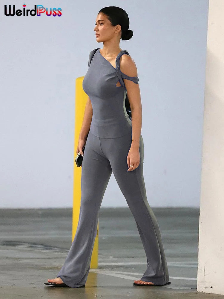 Weird Puss Irregular Knot Women 2 Piece Sets Stretch Casual Short Sleeve Tank Tops+Flare Pants Matching Outfits Slim Streetwear.